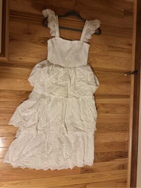 White Eyelet Tiered Midi Dress with Ruffled Straps